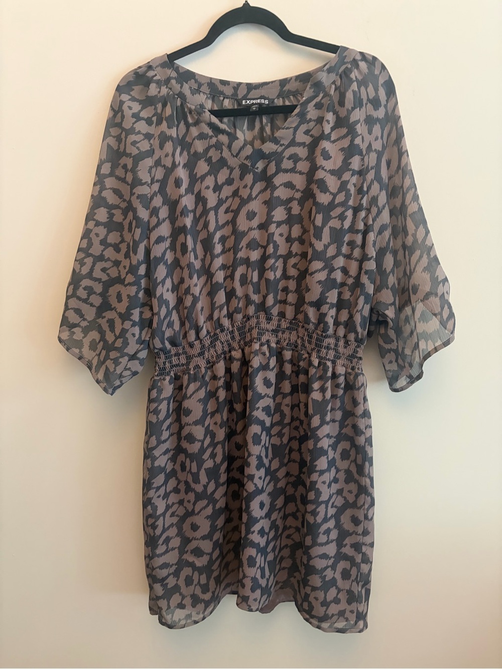 Express Taupe and Black Leopard Print Smocked Waist Dress Women’s Large